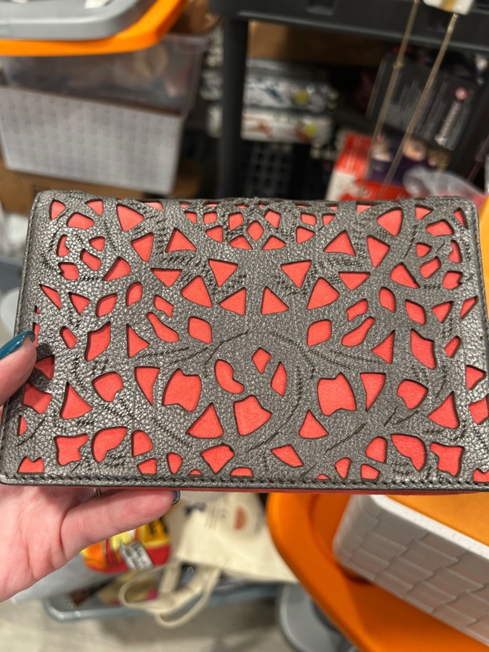 Oscar de la Renta  Cutout Leather& Suede Wallet  - Coral and Gunmetal
